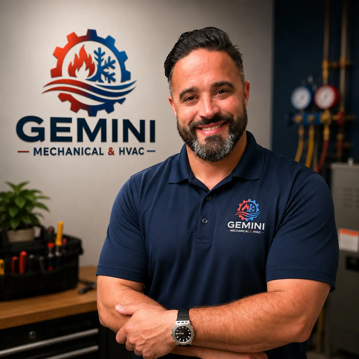 Gemini Mechanical & HVAC Services owner in a branded polo inside the company shop with HVAC gauges and tools